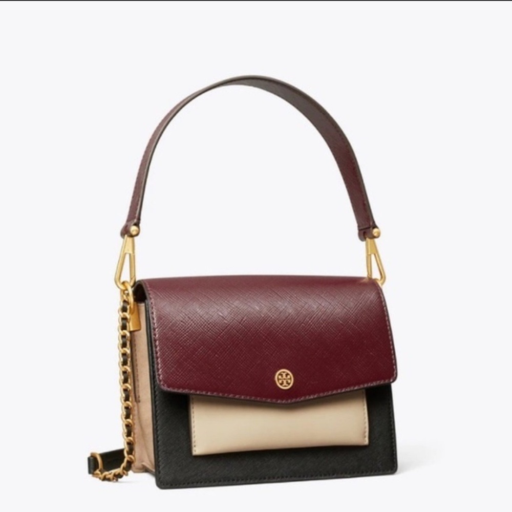 Tory Burch Colorblock Leather Shoulder Bag - Burgundy, Black, Cream